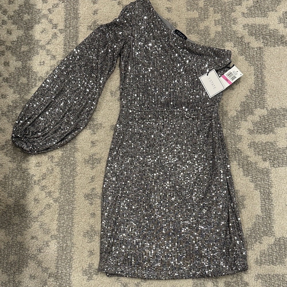 Pewter One Shoulder Silver Sequin Dress